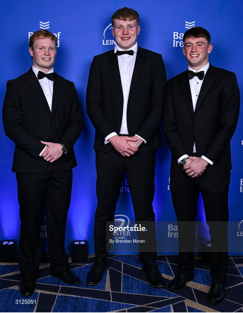 6 May 2025; Hugh Cooney, Conor O'Tighearnaigh and Oliver Coffey on arrival at the Leinster Rugby awards ball 2025 at O'Reilly Hall in UCD, Dublin. Photo by Brendan Moran/Sportsfile