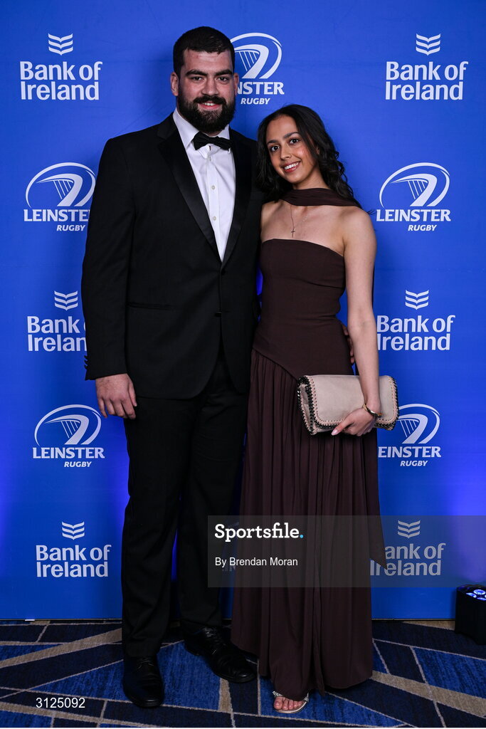 6 May 2025; Rory McGuire and Rosa Thapa on arrival at the Leinster Rugby awards ball 2025 at O'Reilly Hall in UCD, Dublin. Photo by Brendan Moran/Sportsfile