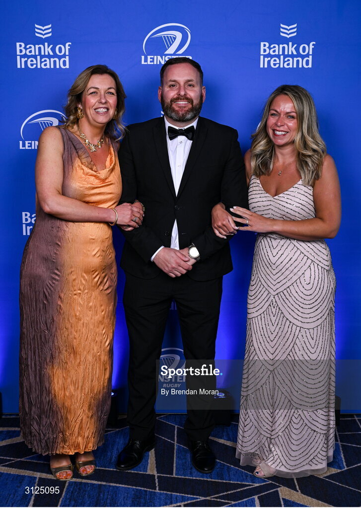 6 May 2025; Joanne Norman, Keith Meaney and Kim Fitzpatrick on arrival at the Leinster Rugby awards ball 2025 at O'Reilly Hall in UCD, Dublin. Photo by Brendan Moran/Sportsfile