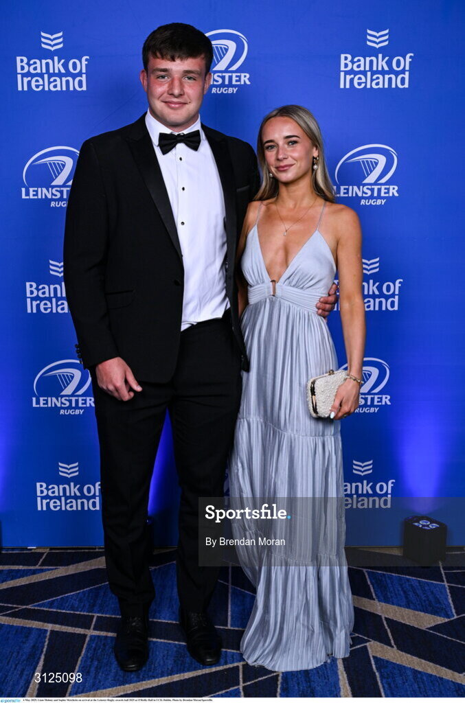 6 May 2025; Liam Molony and Sophie Metchette on arrival at the Leinster Rugby awards ball 2025 at O'Reilly Hall in UCD, Dublin. Photo by Brendan Moran/Sportsfile