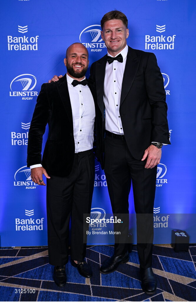 6 May 2025; Jamison Gibson-Park and Jordie Barrett on arrival at the Leinster Rugby awards ball 2025 at O'Reilly Hall in UCD, Dublin. Photo by Brendan Moran/Sportsfile