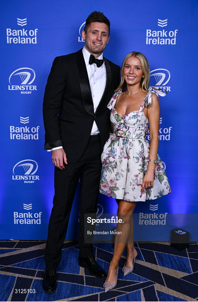 6 May 2025; Ross Byrne and India Healy-O'Connor on arrival at the Leinster Rugby awards ball 2025 at O'Reilly Hall in UCD, Dublin. Photo by Brendan Moran/Sportsfile