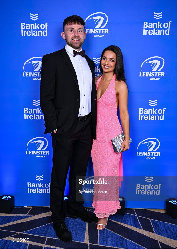 6 May 2025; Hugo Keenan and Emma Hempenstall on arrival at the Leinster Rugby awards ball 2025 at O'Reilly Hall in UCD, Dublin. Photo by Brendan Moran/Sportsfile