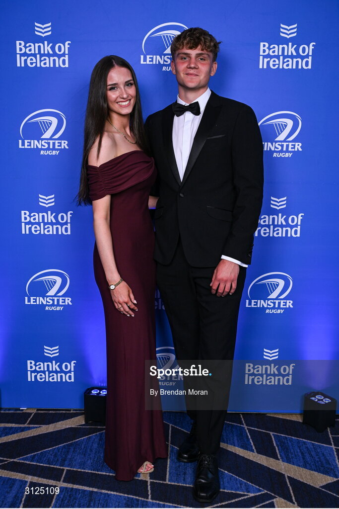 6 May 2025; Caspar Gabriel and Hannah Morgan on arrival at the Leinster Rugby awards ball 2025 at O'Reilly Hall in UCD, Dublin. Photo by Brendan Moran/Sportsfile