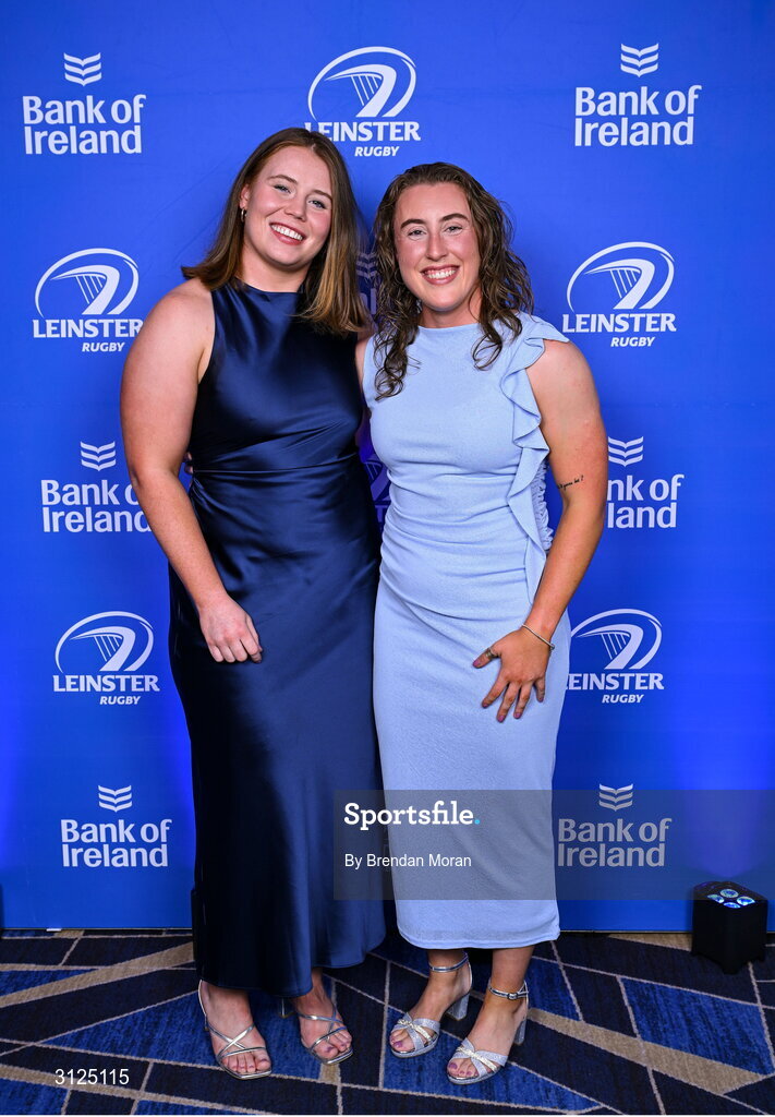 6 May 2025; Kirstie Stevenson, left, and Molly Boyne on arrival at the Leinster Rugby awards ball 2025 at O'Reilly Hall in UCD, Dublin. Photo by Brendan Moran/Sportsfile