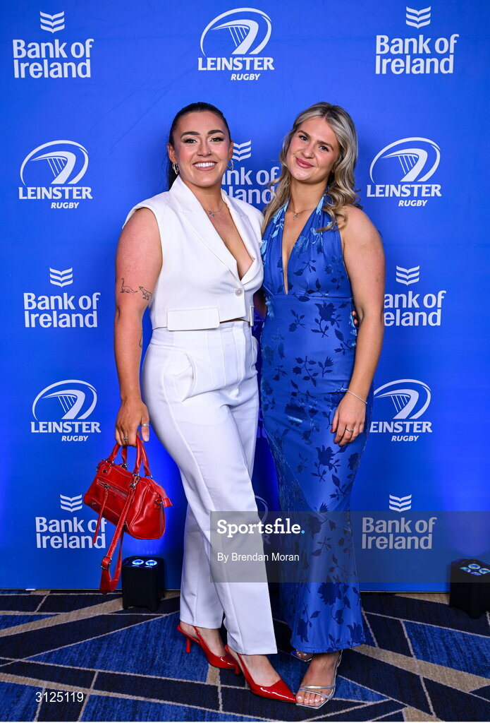6 May 2025; Aimee Clarke and Lauren Sweeney on arrival at the Leinster Rugby awards ball 2025 at O'Reilly Hall in UCD, Dublin. Photo by Brendan Moran/Sportsfile