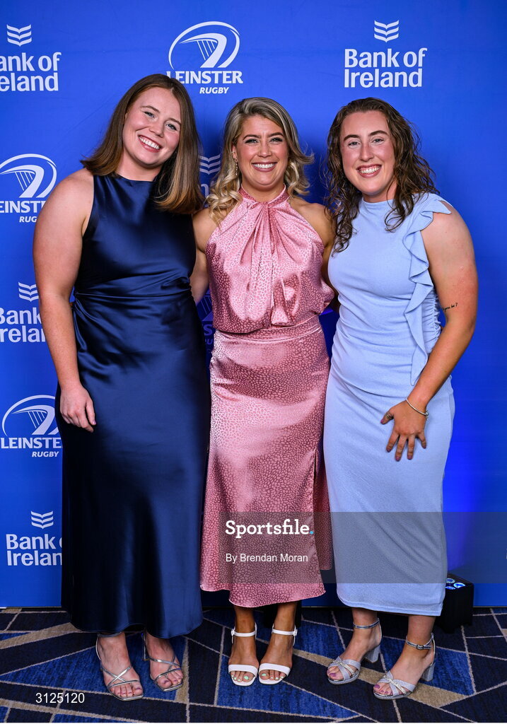 6 May 2025; Kirstie Stevenson, Ailsa Hughes and Molly Boyne on arrival at the Leinster Rugby awards ball 2025 at O'Reilly Hall in UCD, Dublin. Photo by Brendan Moran/Sportsfile