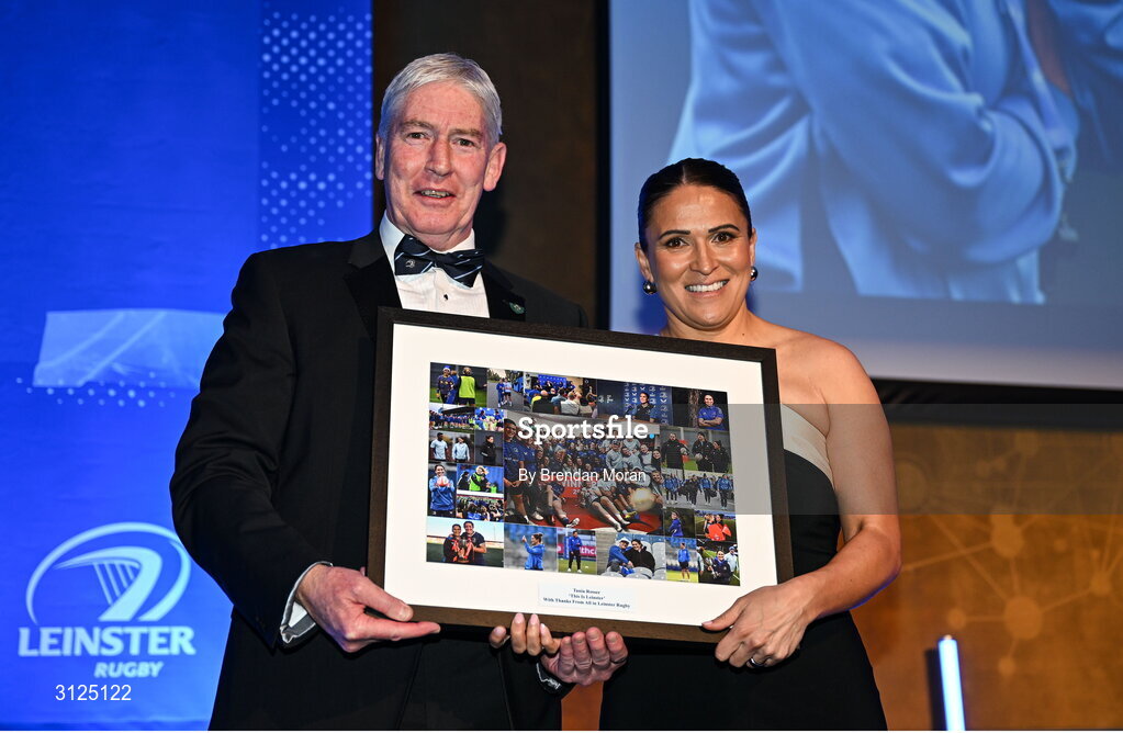 6 May 2025; Leinster Rugby president Declan Gardiner makes a special presentation to former Leinster women's head coach and player Tania Rosser during the Leinster Rugby awards ball 2025 at O'Reilly Hall in UCD, Dublin. Photo by Brendan Moran/Sportsfile