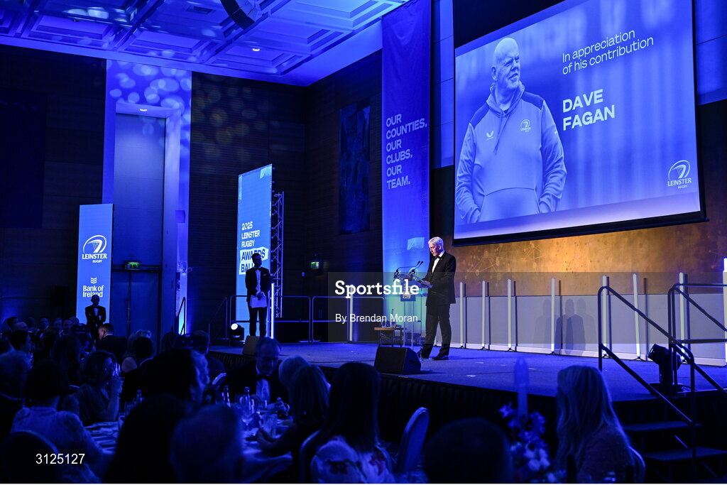 6 May 2025; A general view as the late Leinster Rugby academy coach Dave Fagan is remembered during the Leinster Rugby awards ball 2025 at O'Reilly Hall in UCD, Dublin. Photo by Brendan Moran/Sportsfile