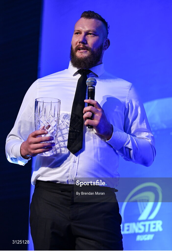 6 May 2025; Energia Supporters Player of the Year RG Snyman is interviewed during the Leinster Rugby awards ball 2025 at O'Reilly Hall in UCD, Dublin. Photo by Brendan Moran/Sportsfile
