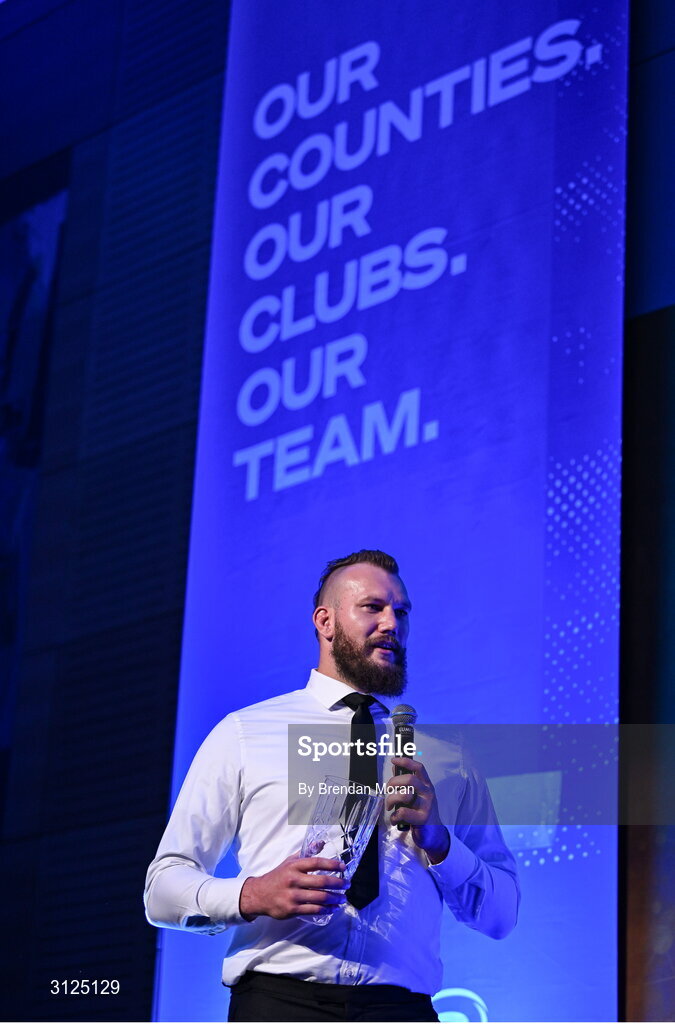 6 May 2025; Energia Supporters Player of the Year RG Snyman is interviewed during the Leinster Rugby awards ball 2025 at O'Reilly Hall in UCD, Dublin. Photo by Brendan Moran/Sportsfile