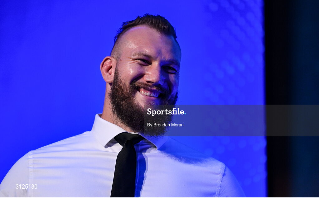 6 May 2025; Energia Supporters Player of the Year RG Snyman is interviewed during the Leinster Rugby awards ball 2025 at O'Reilly Hall in UCD, Dublin. Photo by Brendan Moran/Sportsfile Photo by Brendan Moran/Sportsfile