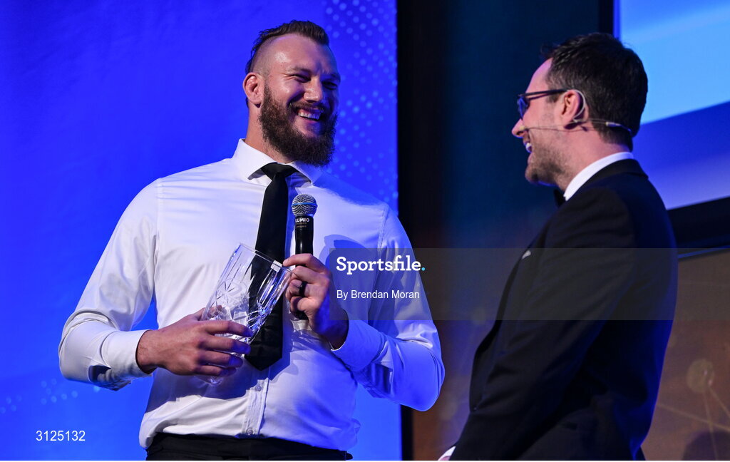 6 May 2025; Energia Supporters Player of the Year RG Snyman is interviewed by MC Joe Molloy during the Leinster Rugby awards ball 2025 at O'Reilly Hall in UCD, Dublin. Photo by Brendan Moran/Sportsfile