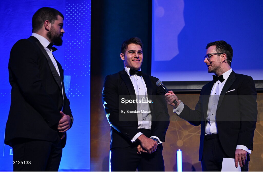6 May 2025; Departing players Aitzol King, centre, and Rory McGuire, left, are interviewed by MC Joe Molloy during the Leinster Rugby awards ball 2025 at O'Reilly Hall in UCD, Dublin. Photo by Brendan Moran/Sportsfile