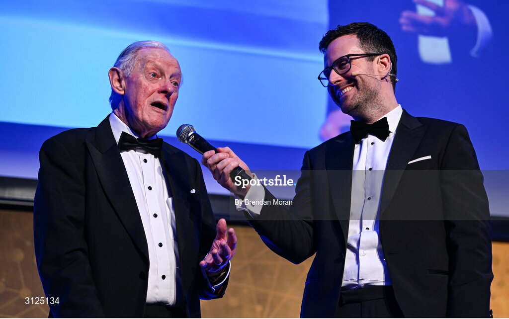 6 May 2025; Paul Deering is interviewed by MC Joe Molloy after being presented with the Bank of Ireland Never Stop Competing Award - for Contribution to Leinster Rugby during the Leinster Rugby awards ball 2025 at O'Reilly Hall in UCD, Dublin. Photo by Brendan Moran/Sportsfile