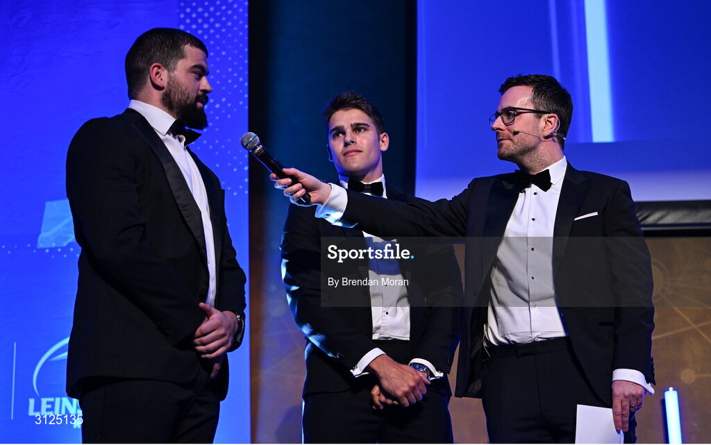 6 May 2025; Departing players Rory McGuire, left, and Aitzol King are interviewed by MC Joe Molloy during the Leinster Rugby awards ball 2025 at O'Reilly Hall in UCD, Dublin. Photo by Brendan Moran/Sportsfile