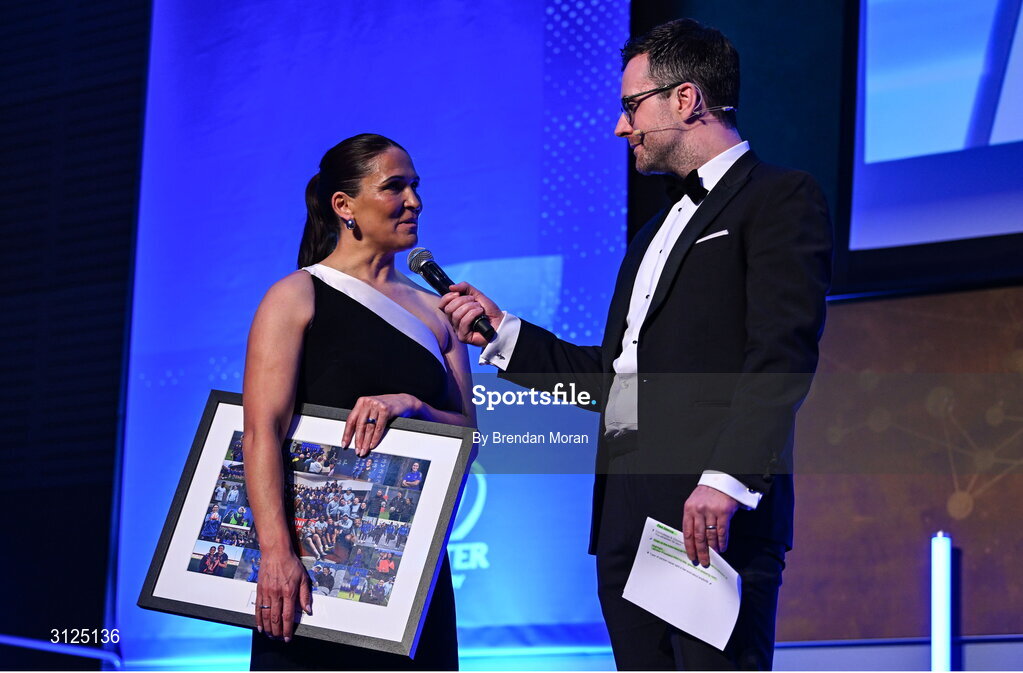 6 May 2025; Former Leinster women's head coach and player Tania Rosser is interviewed by MC Joe Molloy during the Leinster Rugby awards ball 2025 at O'Reilly Hall in UCD, Dublin. Photo by Brendan Moran/Sportsfile