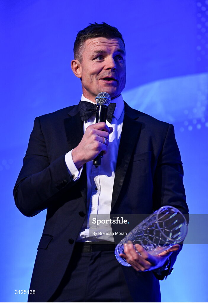 6 May 2025; Guinness Hall of Fame award winner Brian O'Driscoll is interviewed during the Leinster Rugby awards ball 2025 at O'Reilly Hall in UCD, Dublin. Photo by Brendan Moran/Sportsfile