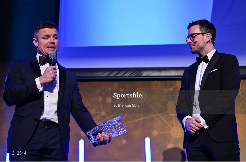 6 May 2025; Guinness Hall of Fame award winner Brian O'Driscoll is interviewed by MC Joe Molloy during the Leinster Rugby awards ball 2025 at O'Reilly Hall in UCD, Dublin. Photo by Brendan Moran/Sportsfile