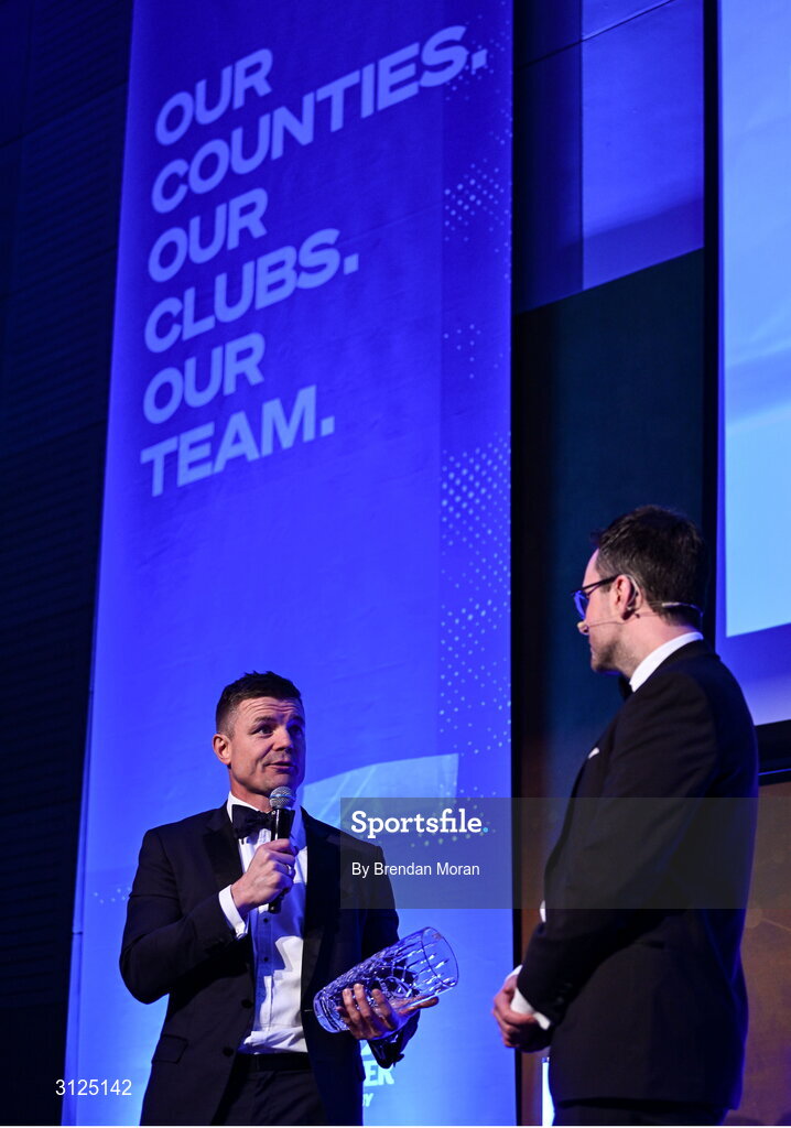 6 May 2025; Guinness Hall of Fame award winner Brian O'Driscoll is interviewed by MC Joe Molloy during the Leinster Rugby awards ball 2025 at O'Reilly Hall in UCD, Dublin. Photo by Brendan Moran/Sportsfile