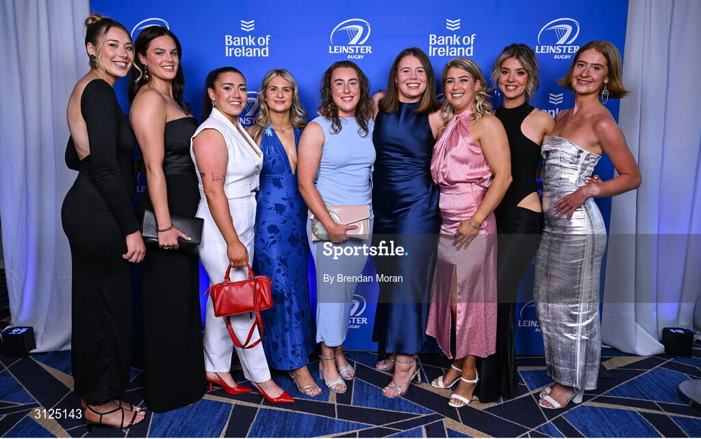 6 May 2025; On arrival are from left to right, Fiona Dickson, Leah Tarpey, Aimee Clarke, Lauren Sweeney, Molly Boyne, Kirstie Stevenson, Ailsa Hughes, Aine Rowe and Alice Rowe; at the Leinster Rugby awards ball 2025 at O'Reilly Hall in UCD, Dublin. Photo by Brendan Moran/Sportsfile