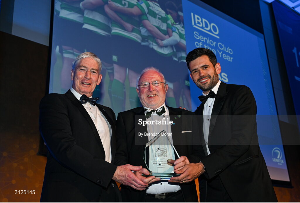 6 May 2025; Naas RFC president Gerry Prendergast is presented with the BDO Senior Club of the Year award by Cian O'Sullivan of BDO, right, and Leinster Rugby president Declan Gardiner during the Leinster Rugby awards ball 2025 at O'Reilly Hall in UCD, Dublin. Photo by Brendan Moran/Sportsfile