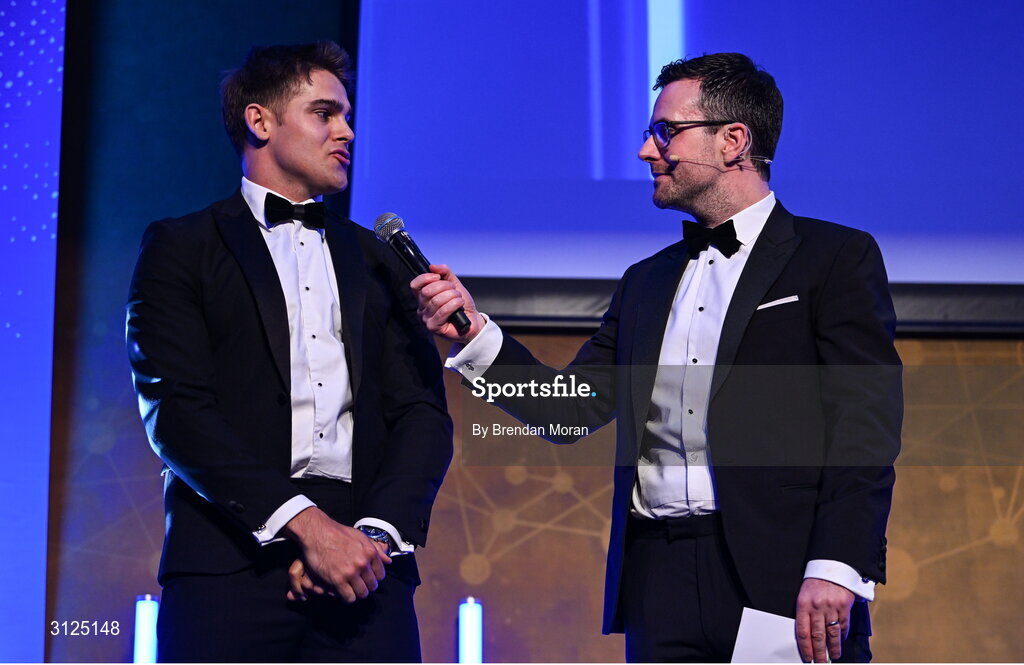 6 May 2025; Departing player Aitzol King is interviewed by MC Joe Molloy during the Leinster Rugby awards ball 2025 at O'Reilly Hall in UCD, Dublin. Photo by Brendan Moran/Sportsfile