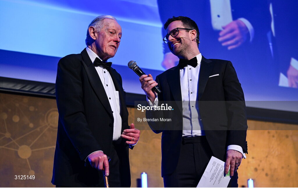 6 May 2025; Paul Deering is interviewed by MC Joe Molloy after being presented with the Bank of Ireland Never Stop Competing Award - for Contribution to Leinster Rugby during the Leinster Rugby awards ball 2025 at O'Reilly Hall in UCD, Dublin. Photo by Brendan Moran/Sportsfile