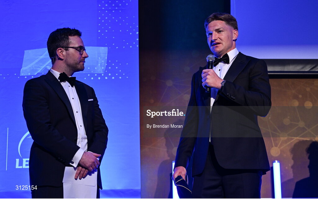 6 May 2025; Departing player Jordie Barrett is interviewed by MC Joe Molloy during the Leinster Rugby awards ball 2025 at O'Reilly Hall in UCD, Dublin. Photo by Brendan Moran/Sportsfile