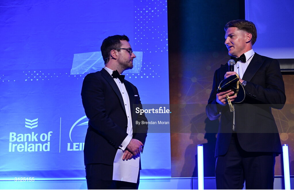 6 May 2025; Departing player Jordie Barrett is interviewed by MC Joe Molloy during the Leinster Rugby awards ball 2025 at O'Reilly Hall in UCD, Dublin. Photo by Brendan Moran/Sportsfile