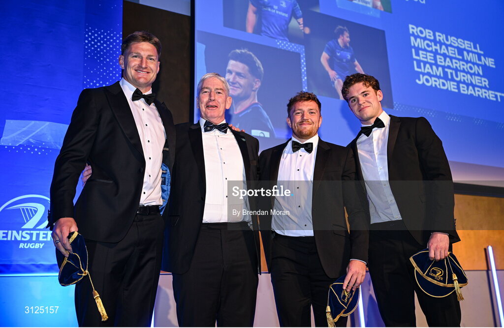 6 May 2025; Departing players Jordie Barrett, Liam Turner and Rob Russell with Leinster Rugby President Declan Gardiner during the Leinster Rugby awards ball 2025 at O'Reilly Hall in UCD, Dublin. Photo by Brendan Moran/Sportsfile