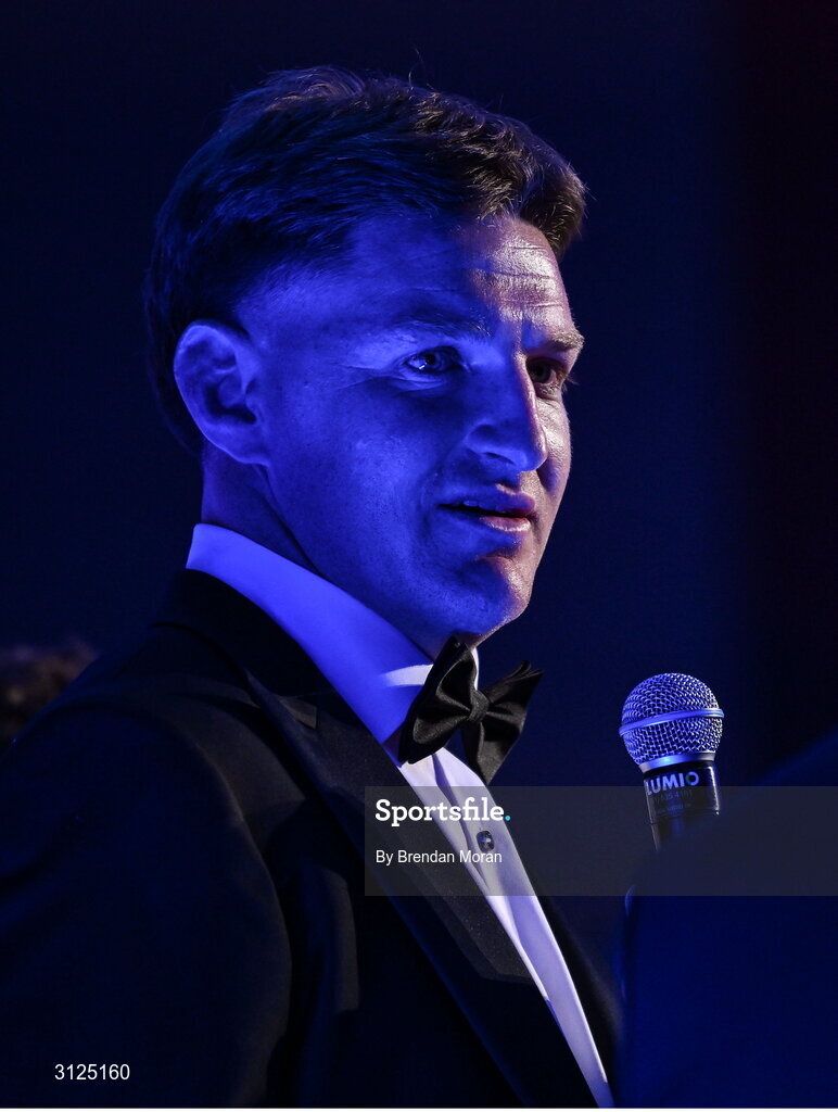 6 May 2025; Departing player Jordie Barrett is interviewed during the Leinster Rugby awards ball 2025 at O'Reilly Hall in UCD, Dublin. Photo by Brendan Moran/Sportsfile