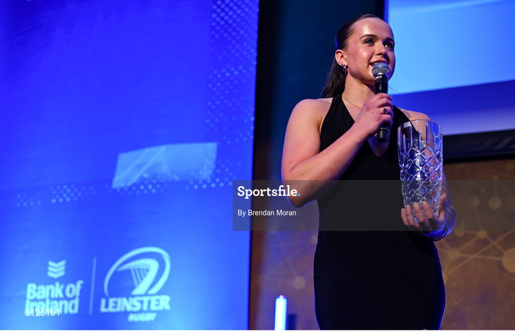 6 May 2025; BearingPoint Women’s Young Player of the Year Robyn O'Connor is interviewed during the Leinster Rugby awards ball 2025 at O'Reilly Hall in UCD, Dublin. Photo by Brendan Moran/Sportsfile