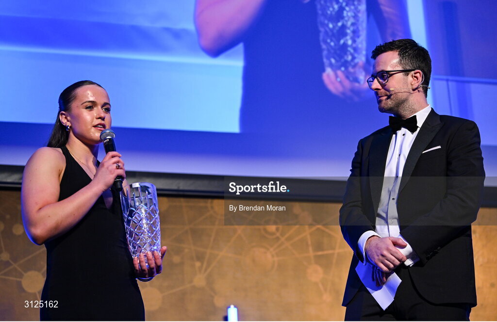 6 May 2025; BearingPoint Women’s Young Player of the Year Robyn O'Connor is interviewed by MC Joe Molloy during the Leinster Rugby awards ball 2025 at O'Reilly Hall in UCD, Dublin. Photo by Brendan Moran/Sportsfile