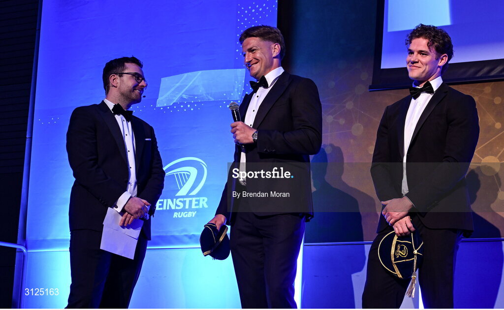 6 May 2025; Departing players Jordie Barrett and Rob Russell are interviewed by MC Joe Molloy during the Leinster Rugby awards ball 2025 at O'Reilly Hall in UCD, Dublin. Photo by Brendan Moran/Sportsfile