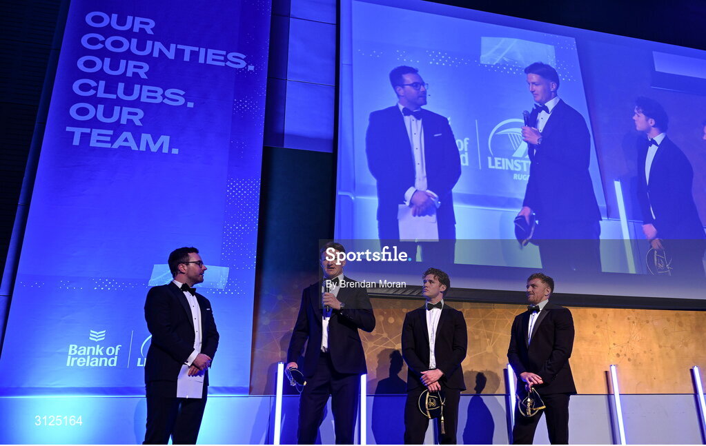 6 May 2025; Departing players Jordie Barrett, Rob Russell and Liam Turner are interviewed by MC Joe Molloy during the Leinster Rugby awards ball 2025 at O'Reilly Hall in UCD, Dublin. Photo by Brendan Moran/Sportsfile