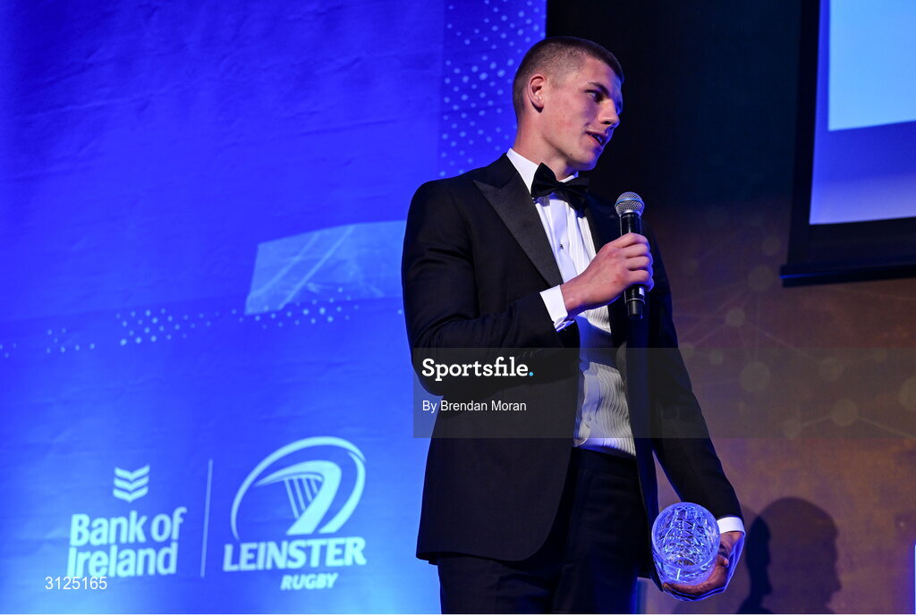 6 May 2025; Laya Healthcare Men’s Young Player of the Year award winner Sam Prendergast is interviewed during the Leinster Rugby awards ball 2025 at O'Reilly Hall in UCD, Dublin. Photo by Brendan Moran/Sportsfile