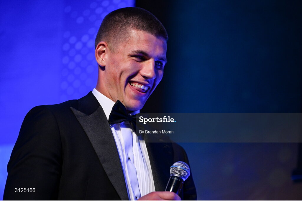 6 May 2025; Laya Healthcare Men’s Young Player of the Year award winner Sam Prendergast is interviewed during the Leinster Rugby awards ball 2025 at O'Reilly Hall in UCD, Dublin. Photo by Brendan Moran/Sportsfile