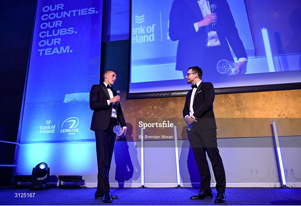 6 May 2025; Laya Healthcare Men’s Young Player of the Year award winner Sam Prendergast is interviewed by MC Joe Molloy during the Leinster Rugby awards ball 2025 at O'Reilly Hall in UCD, Dublin. Photo by Brendan Moran/Sportsfile