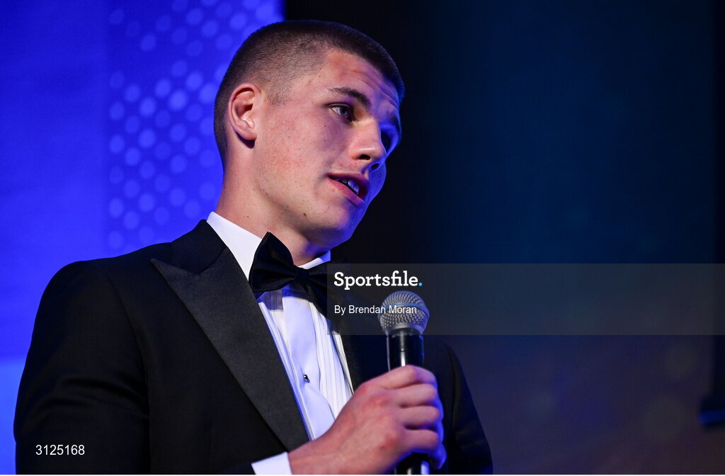6 May 2025; Laya Healthcare Men’s Young Player of the Year award winner Sam Prendergast is interviewed during the Leinster Rugby awards ball 2025 at O'Reilly Hall in UCD, Dublin. Photo by Brendan Moran/Sportsfile