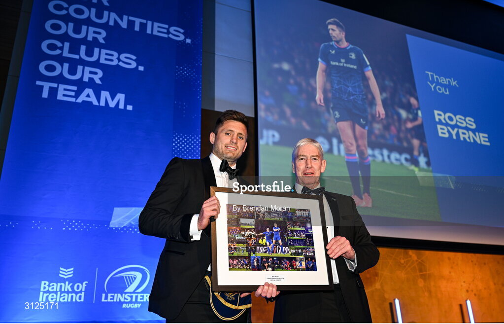 6 May 2025; Departing player Ross Byrne and Leinster Rugby President Declan Gardiner during the Leinster Rugby awards ball 2025 at O'Reilly Hall in UCD, Dublin. Photo by Brendan Moran/Sportsfile
