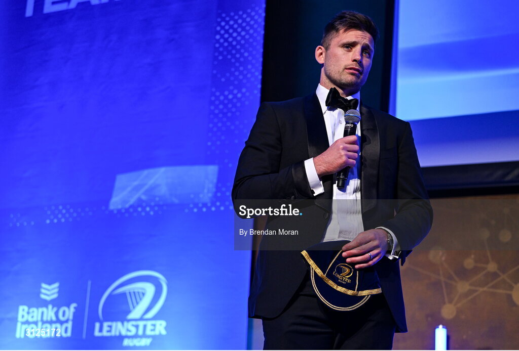 6 May 2025; Departing player Ross Byrne is interviewed during the Leinster Rugby awards ball 2025 at O'Reilly Hall in UCD, Dublin. Photo by Brendan Moran/Sportsfile