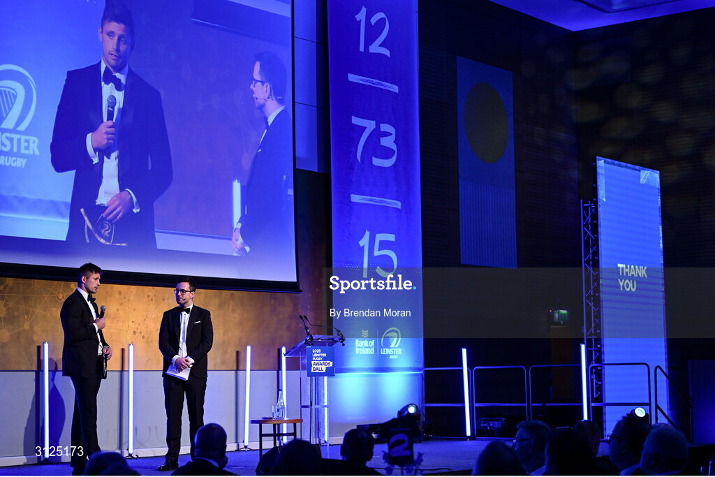 6 May 2025; Departing player Ross Byrne is interviewed by MC Joe Molloy during the Leinster Rugby awards ball 2025 at O'Reilly Hall in UCD, Dublin. Photo by Brendan Moran/Sportsfile