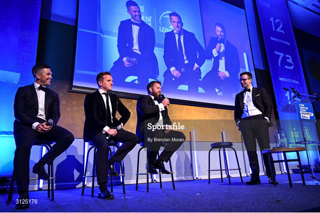 6 May 2025; Eoin O’Malley, Paul O’Donoghue and Seán O’Brien are interviewed by MC Joe Molloy during the Leinster Rugby awards ball 2025 at O'Reilly Hall in UCD, Dublin. Photo by Brendan Moran/Sportsfile