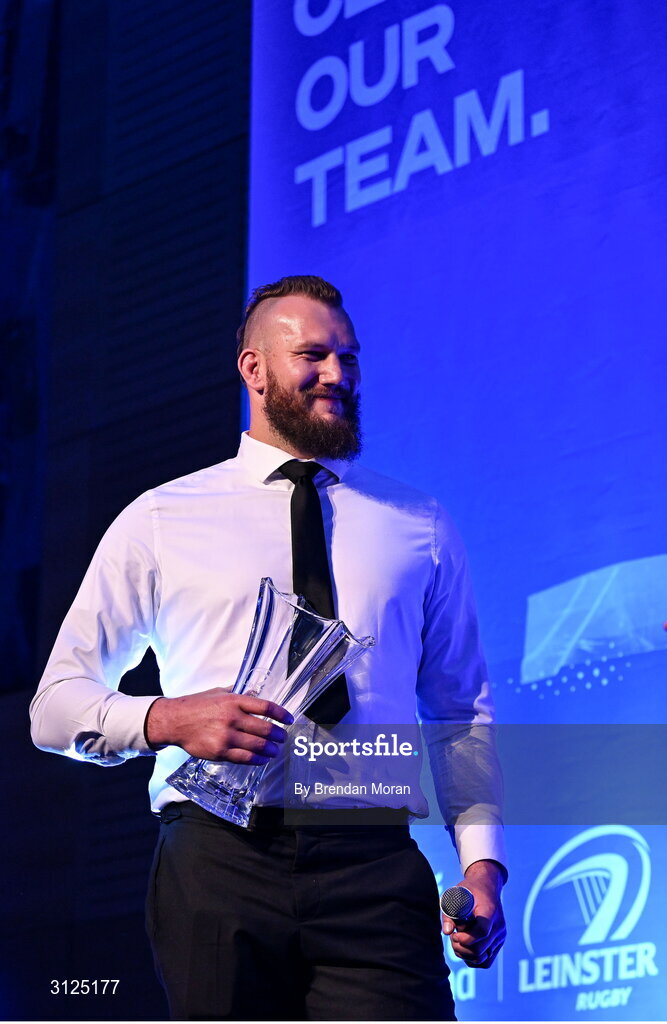 6 May 2025; Bank of Ireland Men’s Player’s Player of the Year RG Snyman is interviewed during the Leinster Rugby awards ball 2025 at O'Reilly Hall in UCD, Dublin. Photo by Brendan Moran/Sportsfile