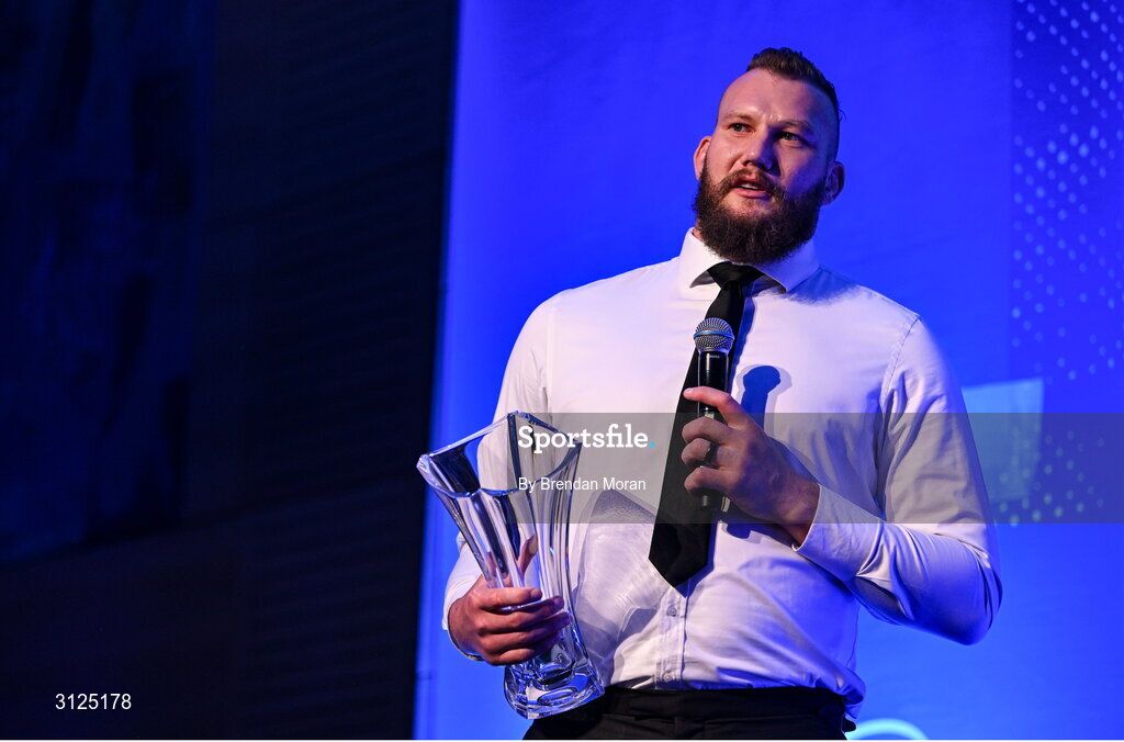 6 May 2025; Bank of Ireland Men’s Player’s Player of the Year RG Snyman is interviewed during the Leinster Rugby awards ball 2025 at O'Reilly Hall in UCD, Dublin. Photo by Brendan Moran/Sportsfile