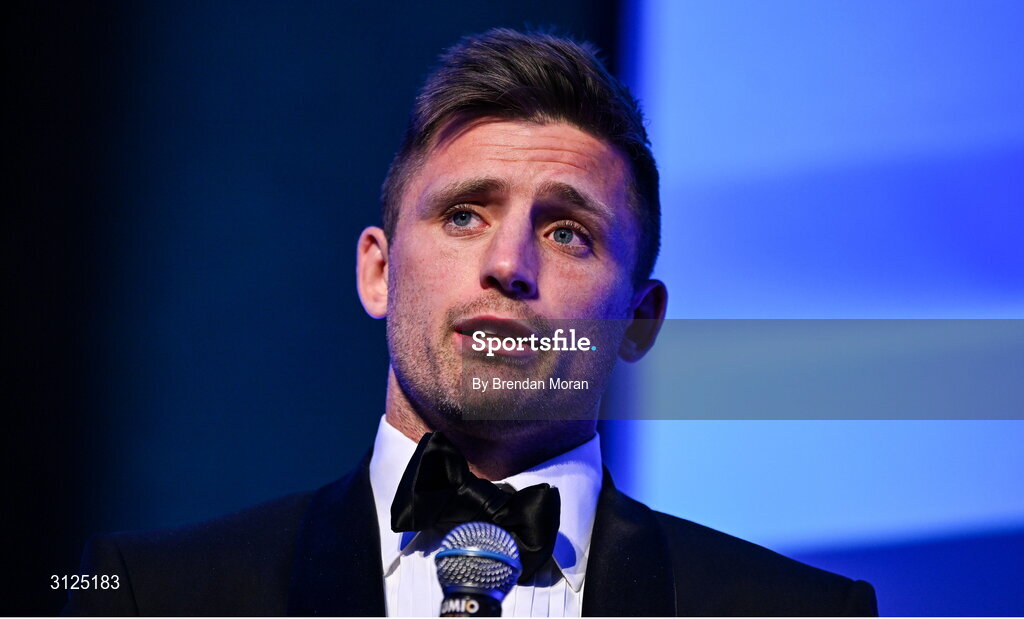 6 May 2025; Departing player Ross Byrne is interviewed during the Leinster Rugby awards ball 2025 at O'Reilly Hall in UCD, Dublin. Photo by Brendan Moran/Sportsfile