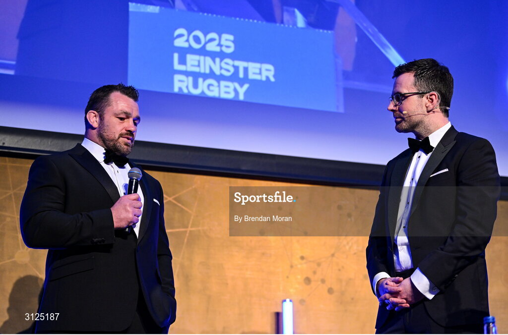 6 May 2025; Cian Healy is interviewed by MC Joe Molloy during the Leinster Rugby awards ball 2025 at O'Reilly Hall in UCD, Dublin. Photo by Brendan Moran/Sportsfile