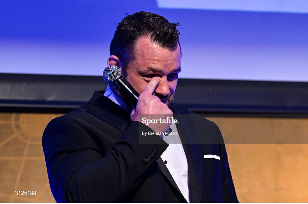 6 May 2025; An emotional Cian Healy is interviewed during the Leinster Rugby awards ball 2025 at O'Reilly Hall in UCD, Dublin. Photo by Brendan Moran/Sportsfile