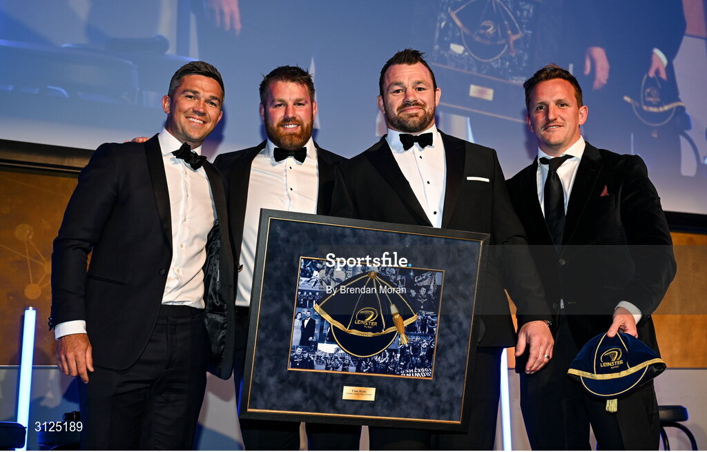 6 May 2025; Cian Healy, second from right, with Eoin O’Malley, Seán O’Brien and Paul O’Donoghue during the Leinster Rugby awards ball 2025 at O'Reilly Hall in UCD, Dublin. Photo by Brendan Moran/Sportsfile